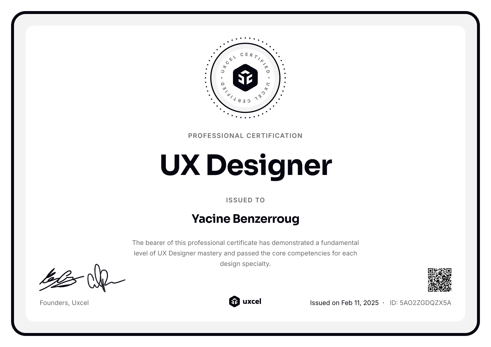 Yacine Benzerroug's certificate